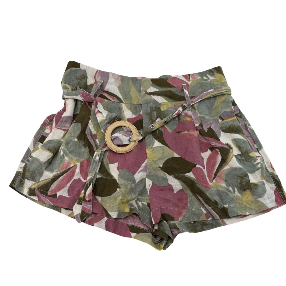 Tahari Women Linen Shorts High Rise Belted Abstract Leaf Print Pink Olive Large